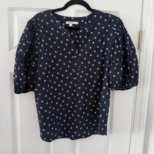 Chicos Navy Blue White Dot V Neck Puff‎ Sleeve Tunic Blouse Top Womens Large 2